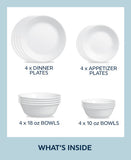 Corelle® Winter Frost White 16-piece Mugless Dinnerware Set, Service for 4